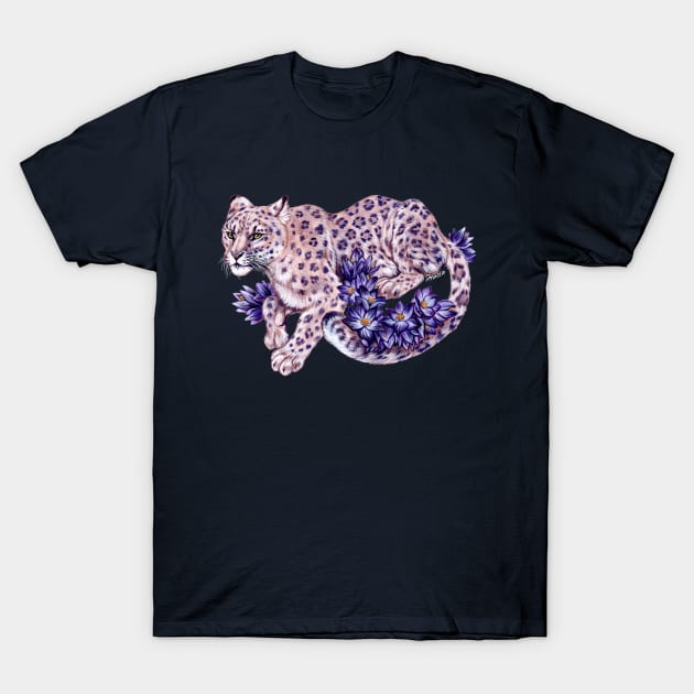 Snow Leopard with Purple Flowers T-Shirt by Pip Tacla